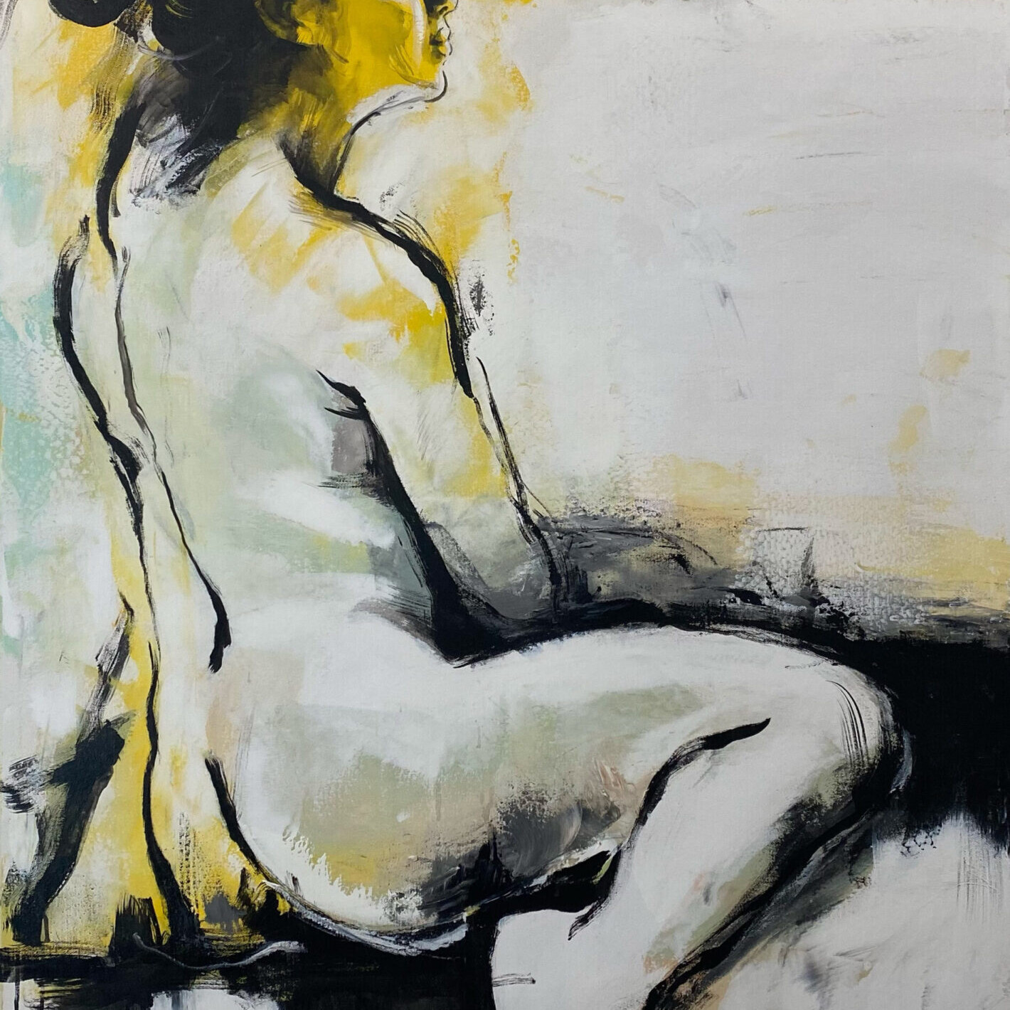 Image of a painting depicting a raw and sensual female nude, with bold strokes and lines capturing her essence with confidence and sophistication